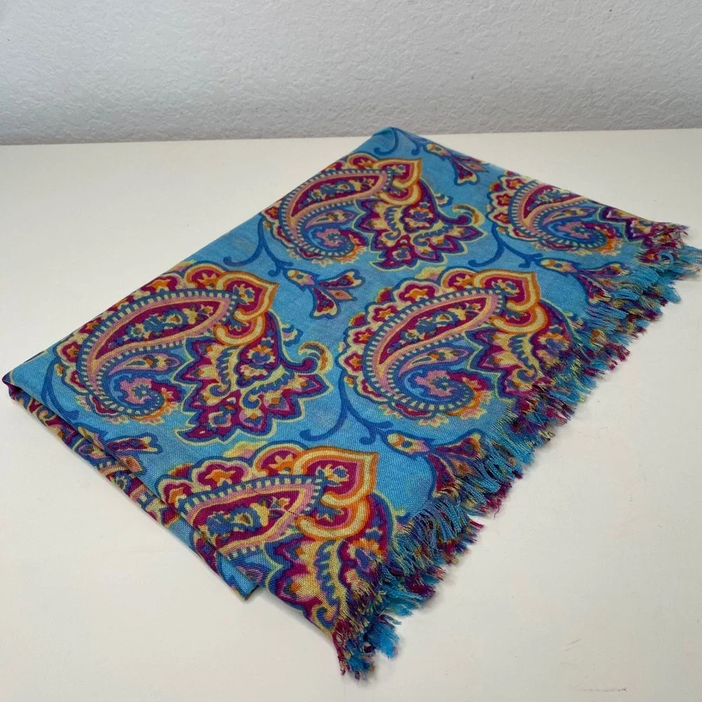 Peter Millar Silk Cashmere Paisley Scarf Blue Pink‎ Fringe 27x72 Quiet Luxury